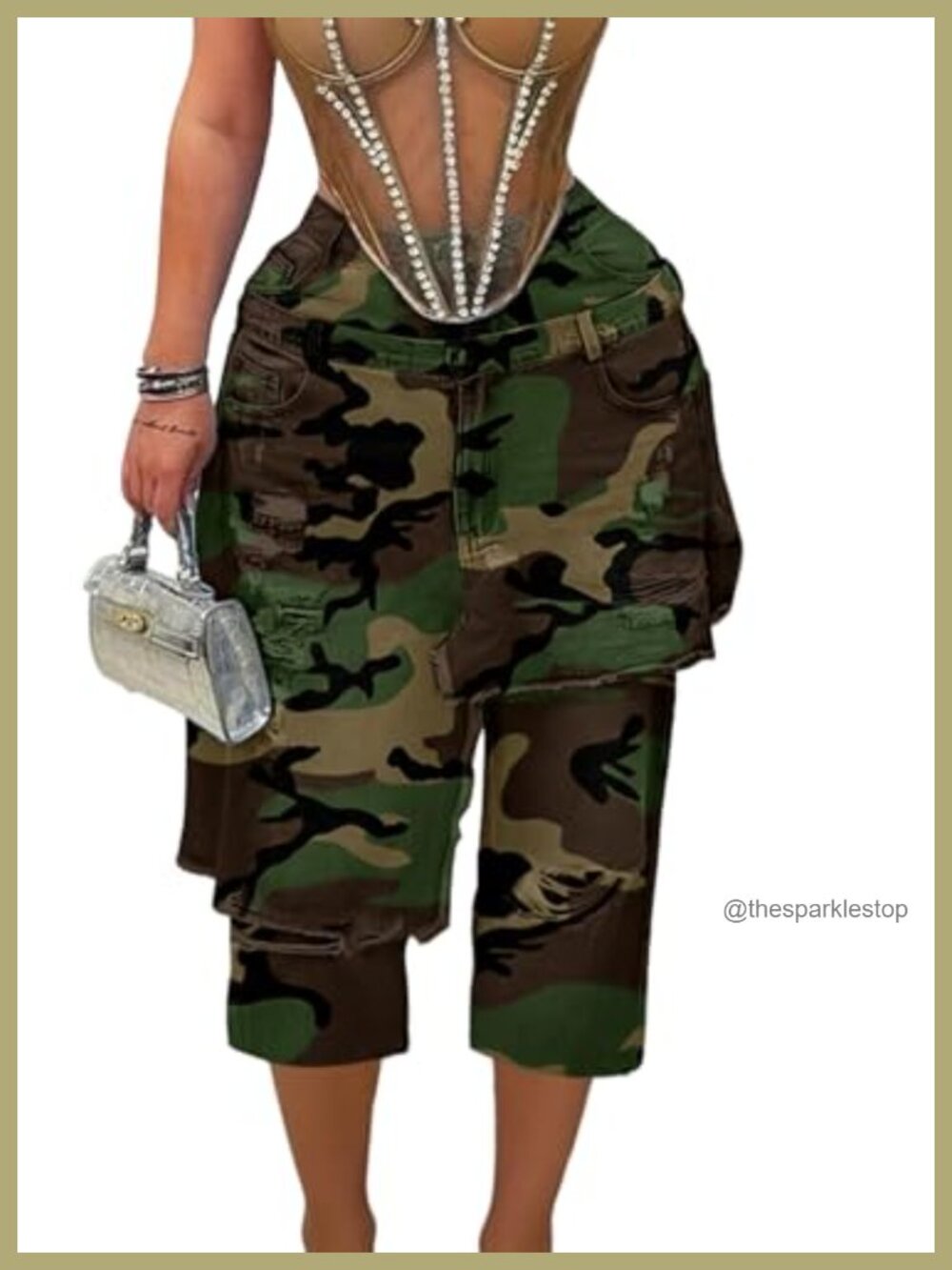 High Waisted Camo Cargo Cropped Pants Wide Leg Raw Hem Streetwear